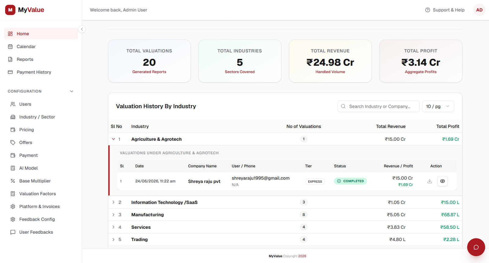 MyValue main dashboard